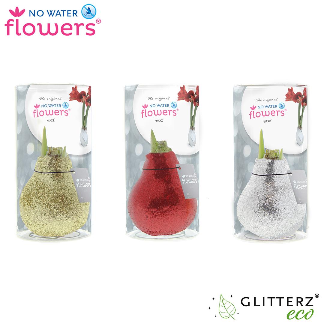 No Water Flowers Glitterz Goud / Rood / Zilver in Koker - 3 Stücke - Ø7 cm - ↕15 cm